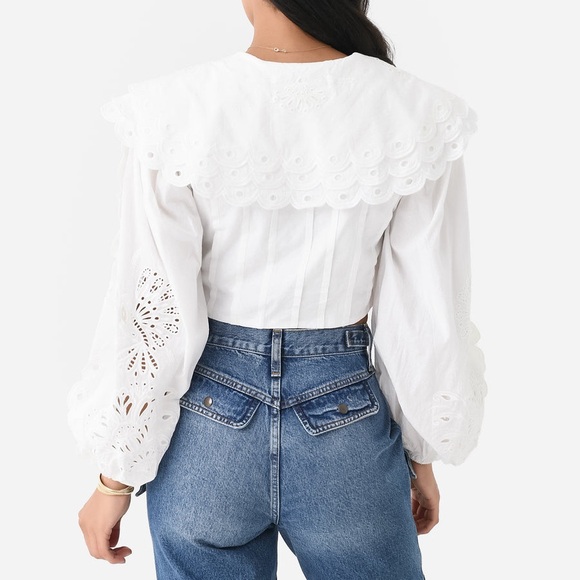 FARM RIO WOMEN'S RICHELIEU BIG COLLAR Eyelet BLOUSE Off White Sz S - Picture 4 of 16